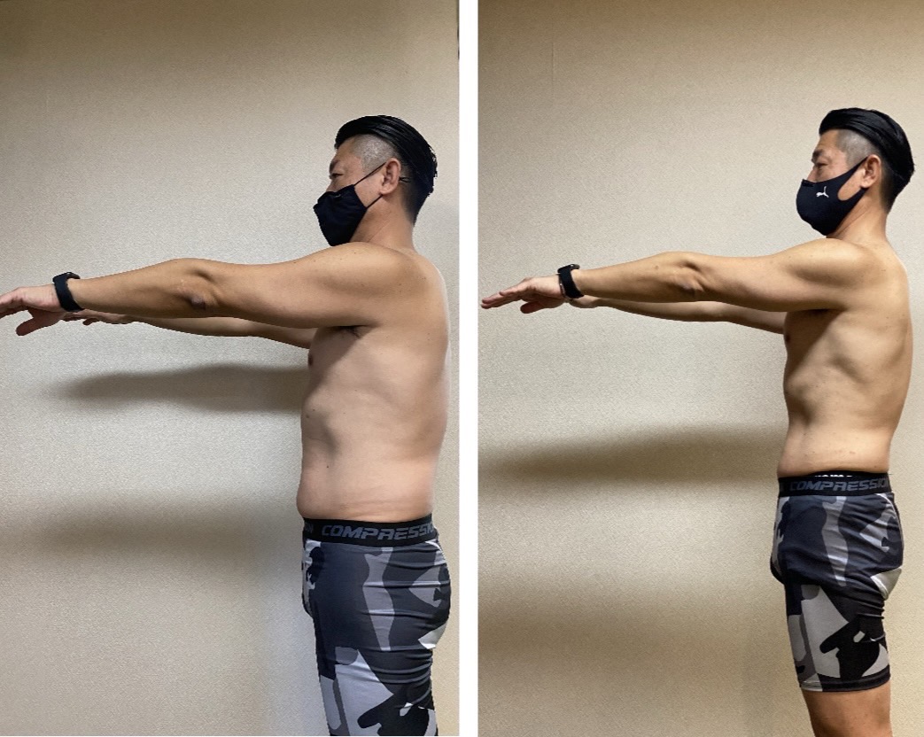 2ヶ月男性ダイエット・ボディメイクビフォーアフター（ウエスト－10cm、体脂肪率－5%、バスト+3cm）