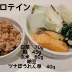 ダイエット・ボディメイク食事例（白菜、鮭、玄米、納豆、ツナほうれん草、プロテイン）