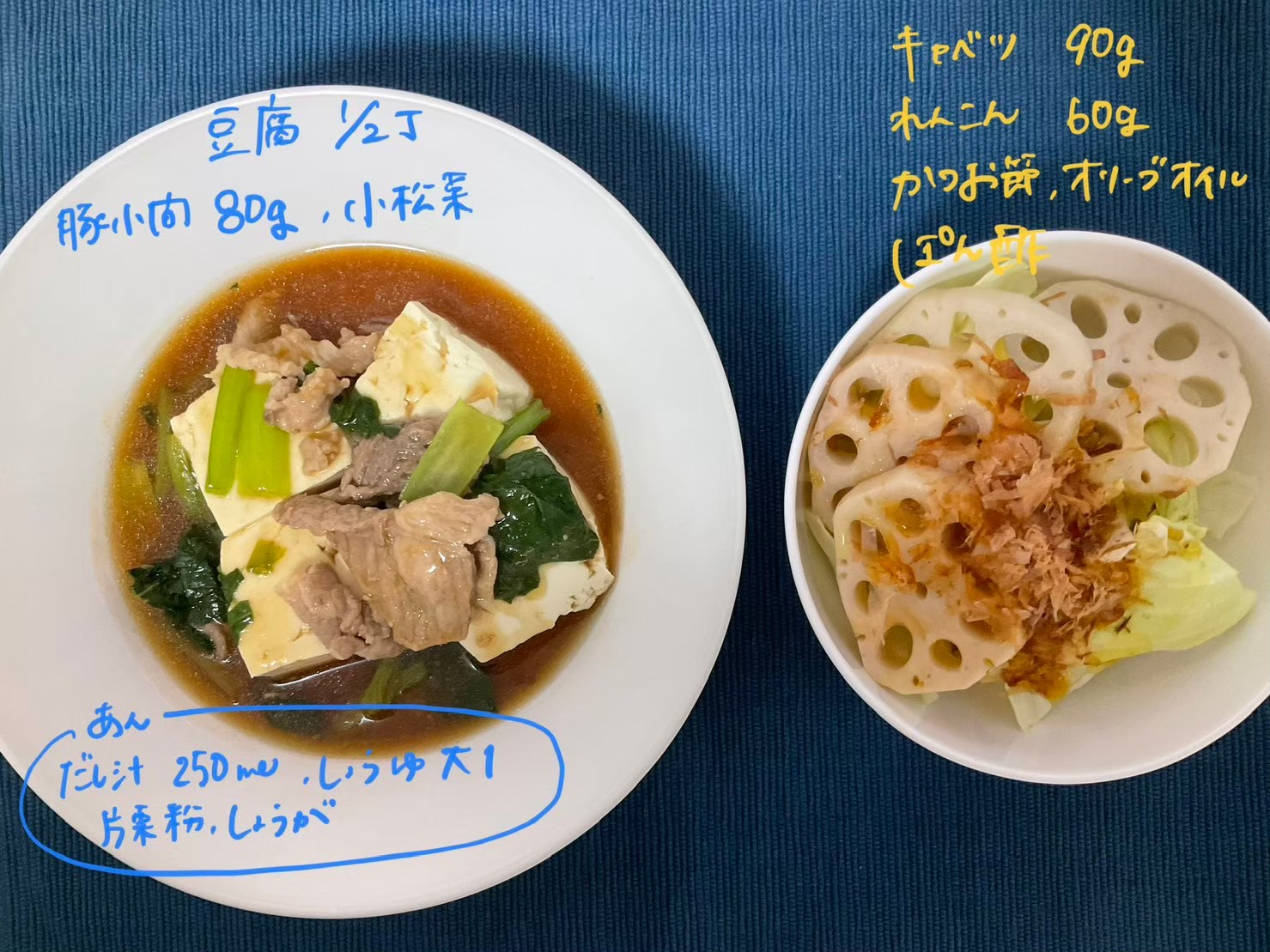 ダイエット食事例（豆腐、豚肉、小松菜、キャベツ、れんこん、鰹節）