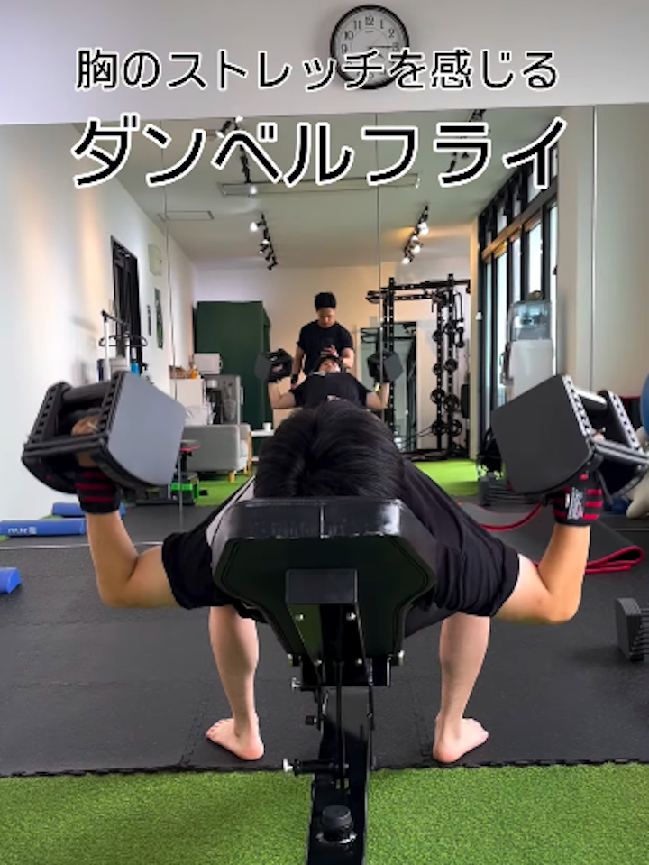 六本松パーソナルジム_胸のストレッチを感じるダンベルフライ